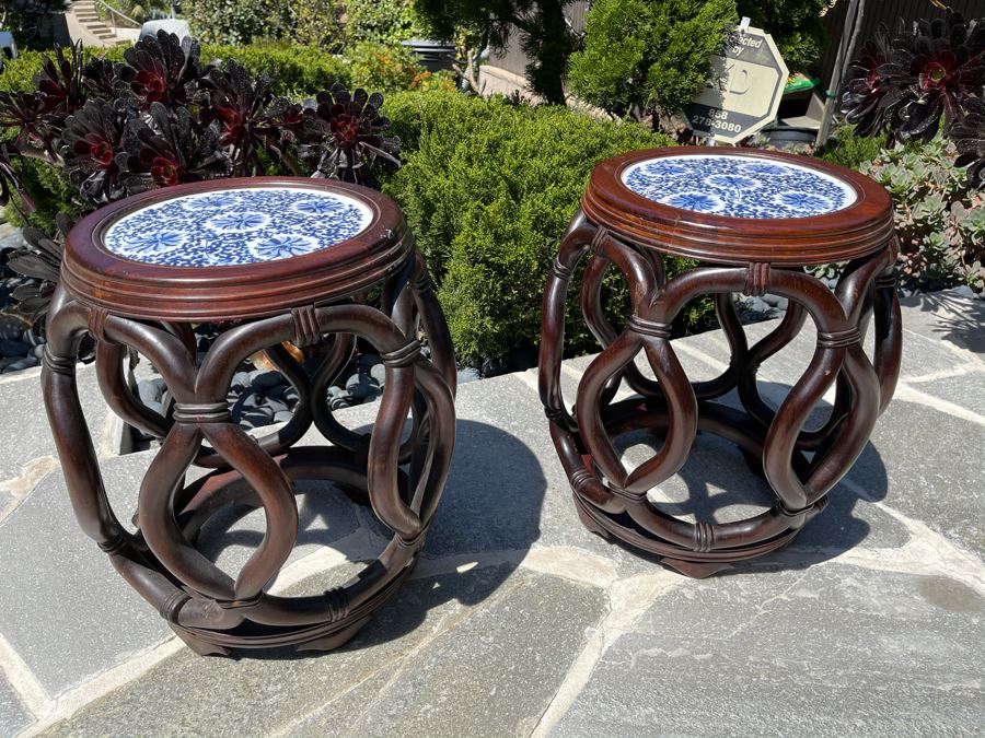 Pair Of Chinese Wooden Side Tables Plant Stands Stools With Porcelain Tops 16W X 18H [Photo 2]