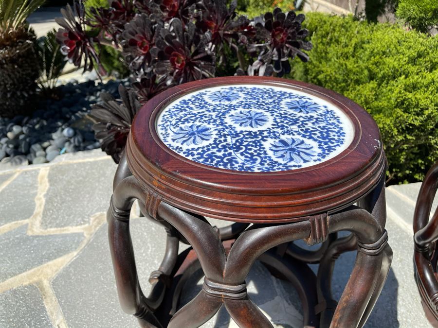 Pair Of Chinese Wooden Side Tables Plant Stands Stools With Porcelain Tops 16W X 18H [Photo 5]