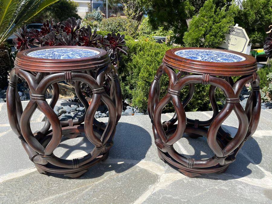 Pair Of Chinese Wooden Side Tables Plant Stands Stools With Porcelain Tops 16W X 18H [Photo 3]
