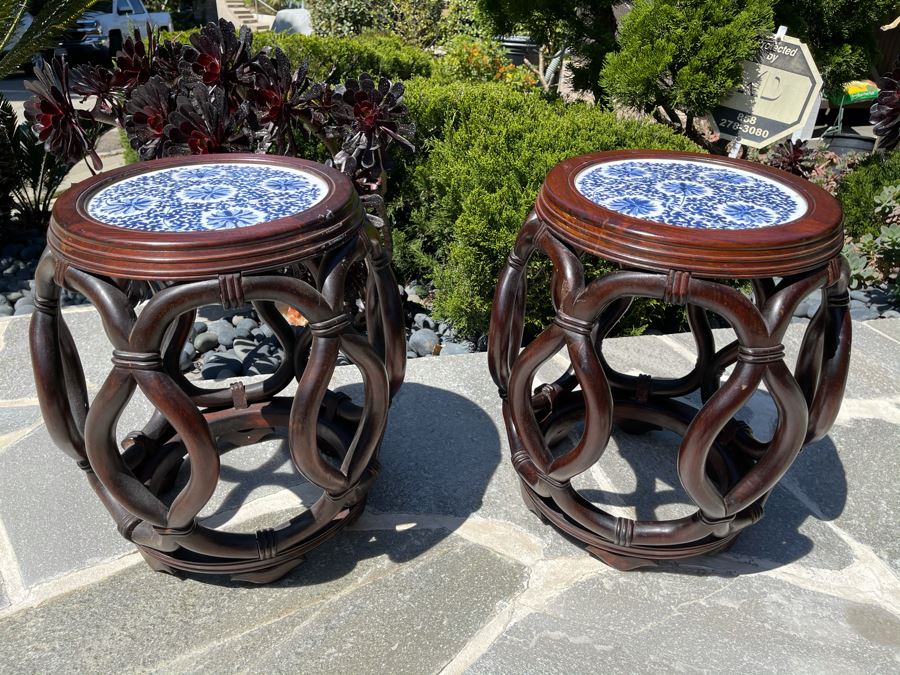 Pair Of Chinese Wooden Side Tables Plant Stands Stools With Porcelain Tops 16W X 18H [Photo 4]