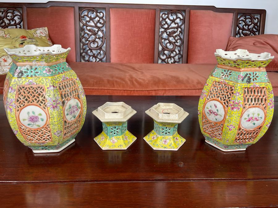 Pair Of Vintage Chinese Porcelain Wedding Lanterns Lamps 12H [Photo 21]