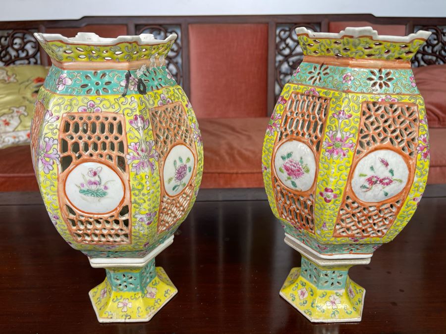 Pair Of Vintage Chinese Porcelain Wedding Lanterns Lamps 12H [Photo 16]