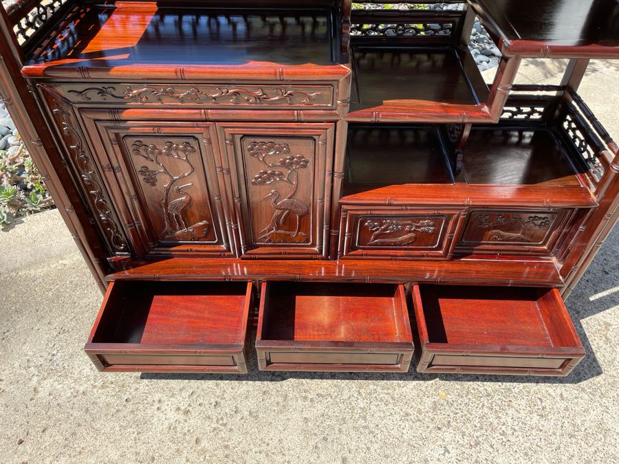 Stunning Carved Rosewood Bookshelf Cabinet With Drawers (Top Corner Of Cabinet Has Small Chip) 46W X 14D X 51H [Photo 8]