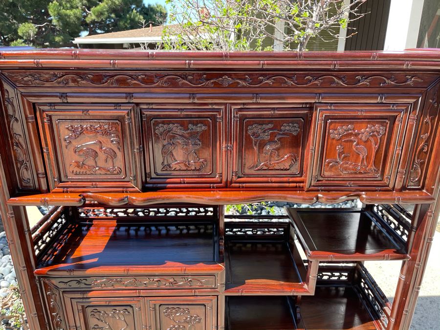 Stunning Carved Rosewood Bookshelf Cabinet With Drawers (Top Corner Of Cabinet Has Small Chip) 46W X 14D X 51H [Photo 5]