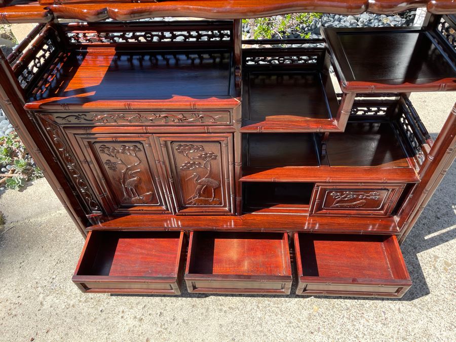 Stunning Carved Rosewood Bookshelf Cabinet With Drawers (Top Corner Of Cabinet Has Small Chip) 46W X 14D X 51H [Photo 10]
