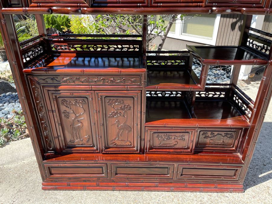 Stunning Carved Rosewood Bookshelf Cabinet With Drawers (Top Corner Of Cabinet Has Small Chip) 46W X 14D X 51H [Photo 6]
