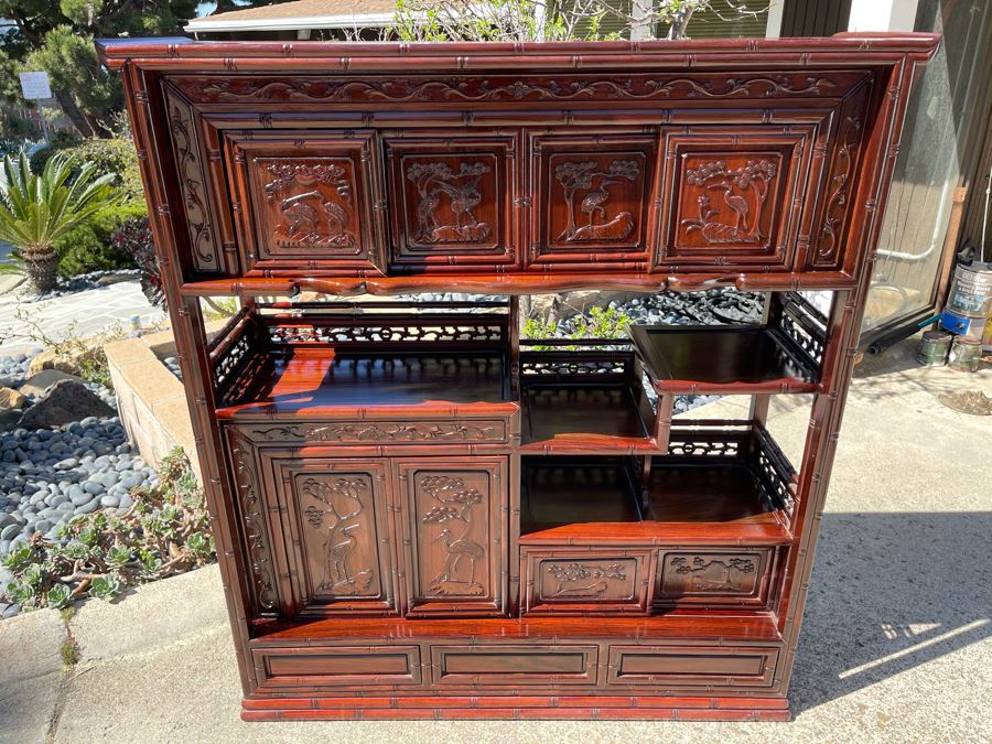 Stunning Carved Rosewood Bookshelf Cabinet With Drawers (Top Corner Of Cabinet Has Small Chip) 46W X 14D X 51H [Photo 3]