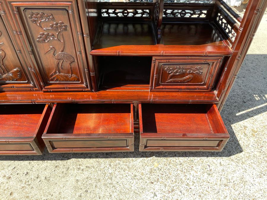 Stunning Carved Rosewood Bookshelf Cabinet With Drawers (Top Corner Of Cabinet Has Small Chip) 46W X 14D X 51H [Photo 9]