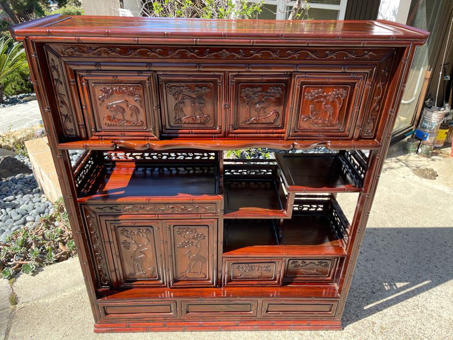 Stunning Carved Rosewood Bookshelf Cabinet With Drawers (Top Corner Of Cabinet Has Small Chip) 46W X 14D X 51H [Photo 4]