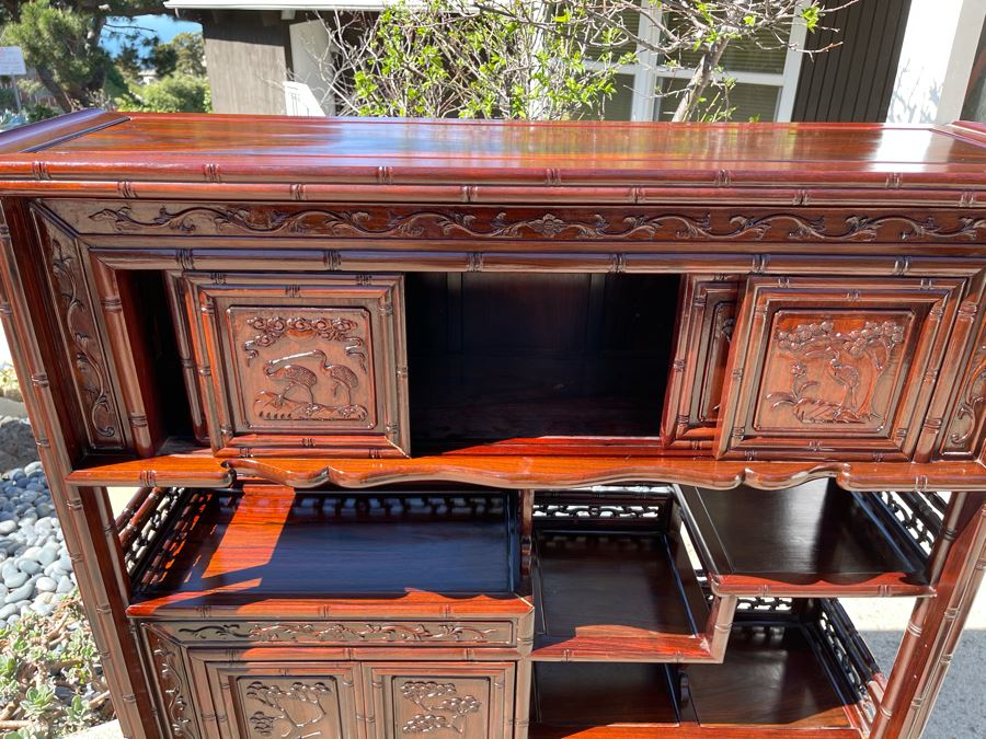 Stunning Carved Rosewood Bookshelf Cabinet With Drawers (Top Corner Of Cabinet Has Small Chip) 46W X 14D X 51H [Photo 7]