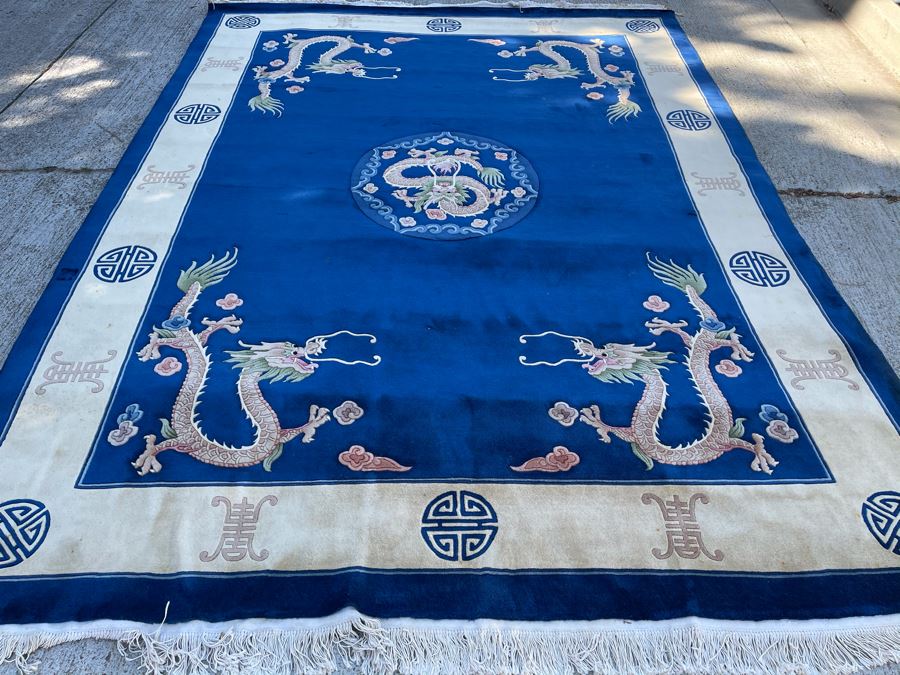 Large Thick Pile Peking Chinese Area Rug With Dragon Design Apx 9' X 12' (Needs To Be Cleaned)