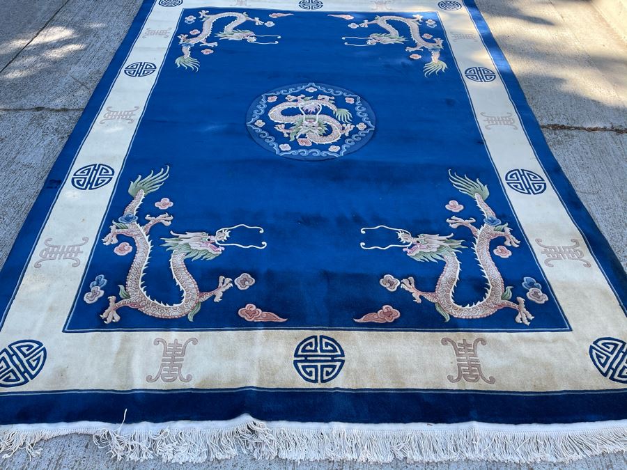 Large Thick Pile Peking Chinese Area Rug With Dragon Design Apx 9' X 12' (Needs To Be Cleaned) [Photo 4]