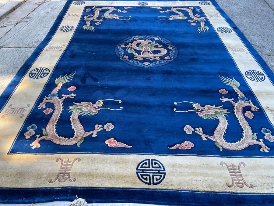 Large Thick Pile Peking Chinese Area Rug With Dragon Design Apx 9' X 12' (Needs To Be Cleaned) [Photo 5]