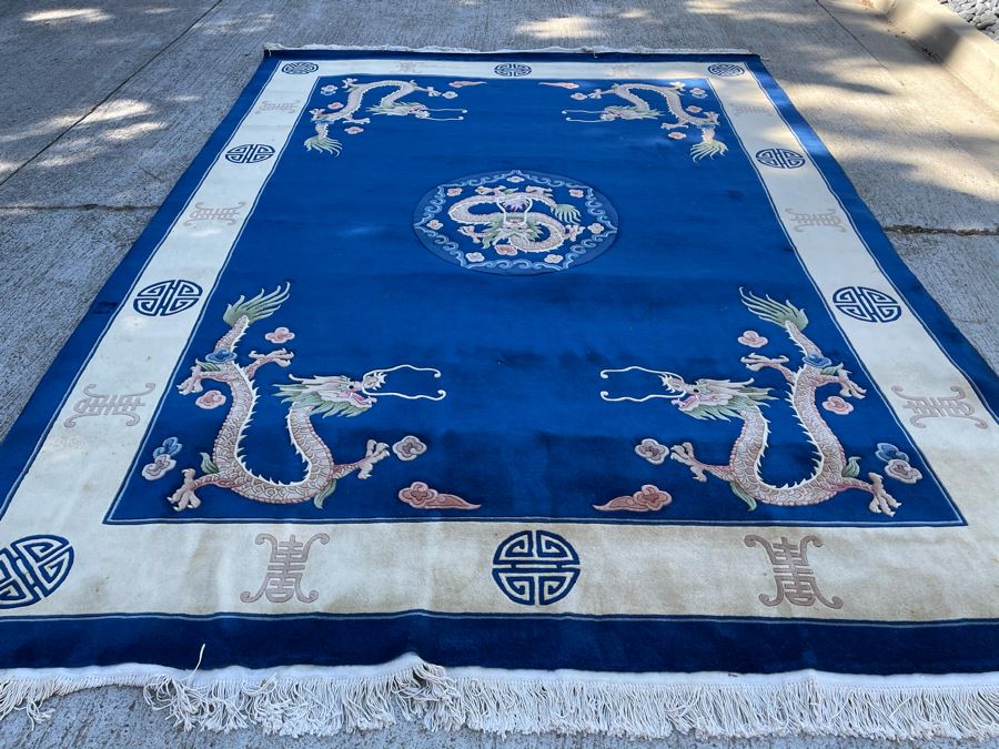 Large Thick Pile Peking Chinese Area Rug With Dragon Design Apx 9' X 12' (Needs To Be Cleaned) [Photo 3]