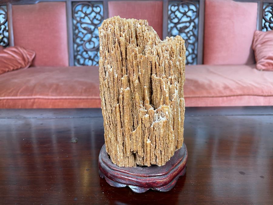 Antique Chinese Scholars Rock Stone With Wooden Base 5W X 8H [Photo 2]