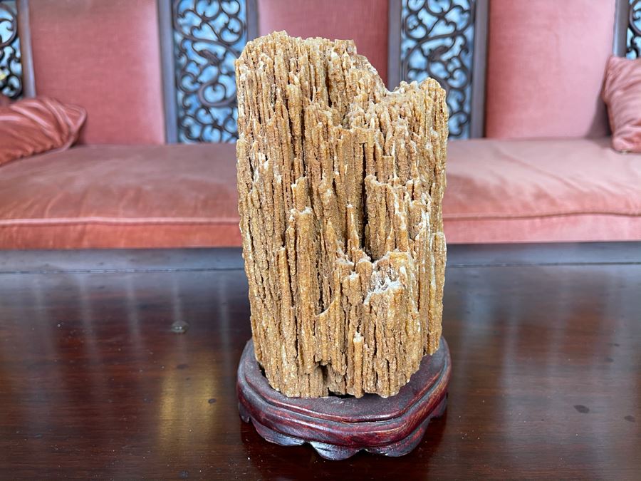 Antique Chinese Scholars Rock Stone With Wooden Base 5W X 8H [Photo 1]