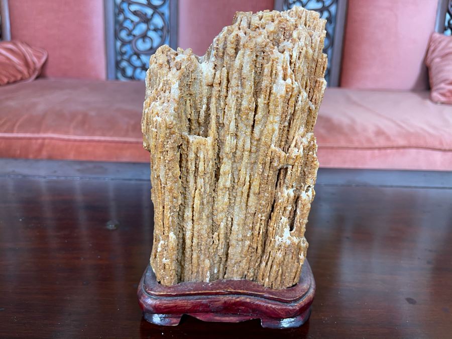 Antique Chinese Scholars Rock Stone With Wooden Base 5W X 8H [Photo 4]