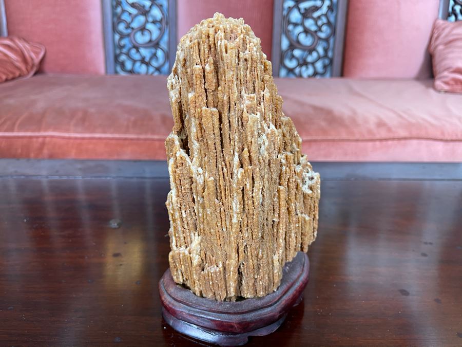 Antique Chinese Scholars Rock Stone With Wooden Base 5W X 8H [Photo 3]