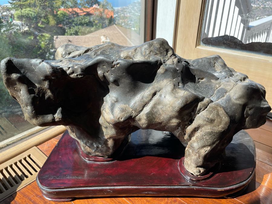 Antique Chinese Gongshi Scholars Rock River Stone With Custom Wooden Stand (Very Heavy) 27W X 15D X 14H [Photo 7]