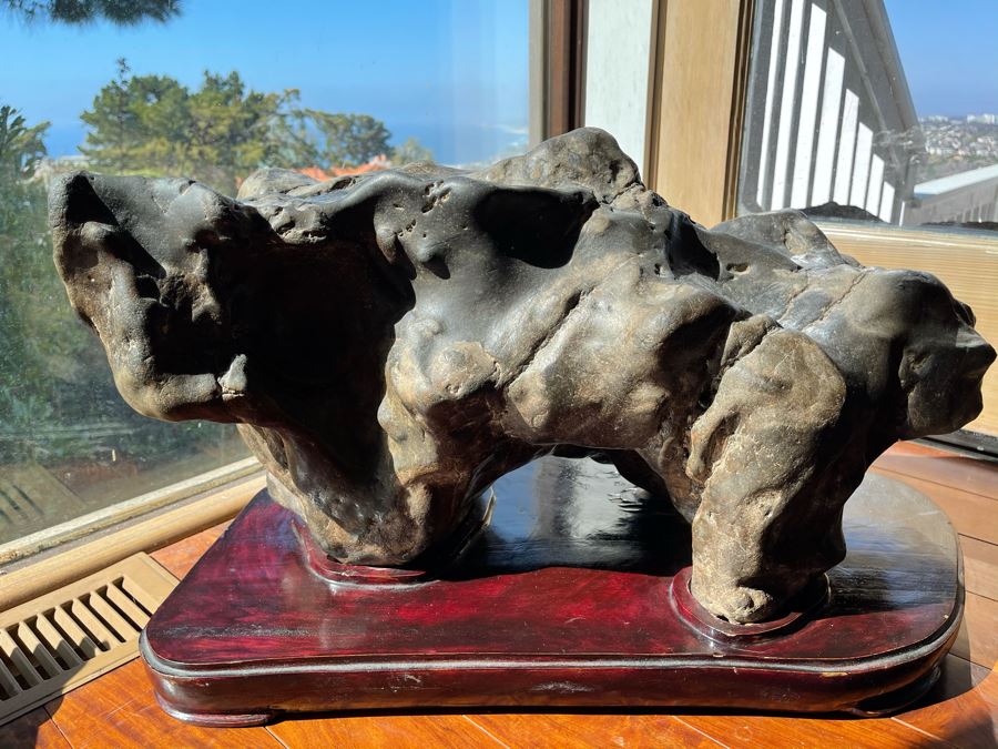 Antique Chinese Gongshi Scholars Rock River Stone With Custom Wooden Stand (Very Heavy) 27W X 15D X 14H [Photo 12]