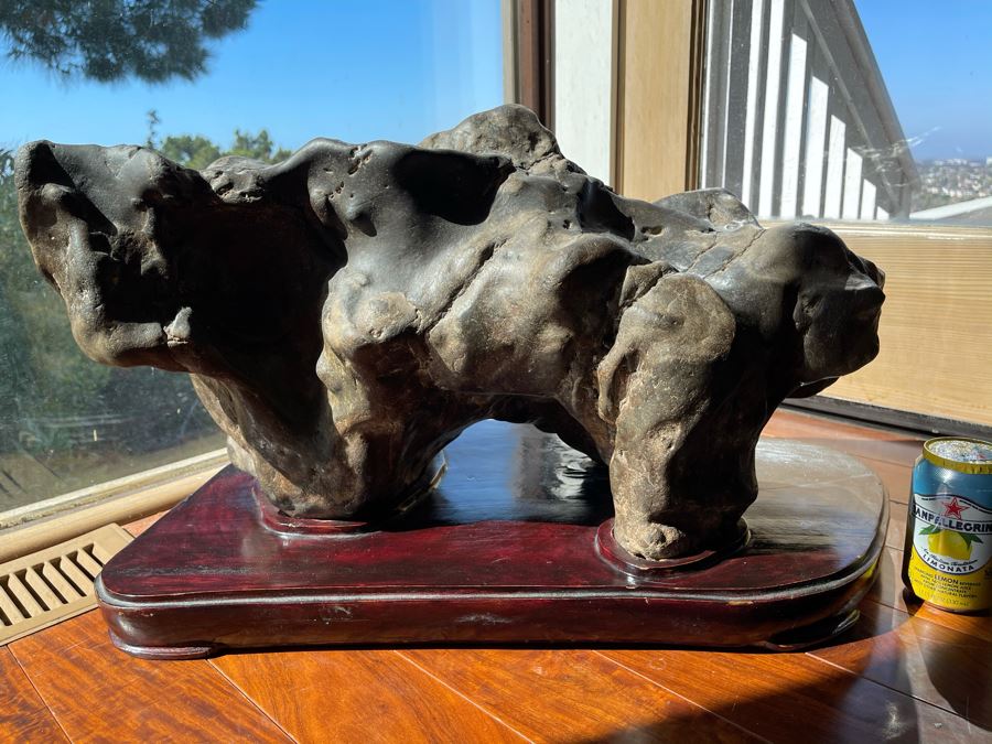 Antique Chinese Gongshi Scholars Rock River Stone With Custom Wooden Stand (Very Heavy) 27W X 15D X 14H [Photo 8]