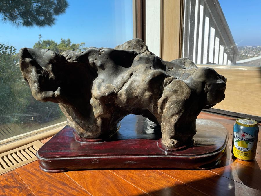 Antique Chinese Gongshi Scholars Rock River Stone With Custom Wooden Stand (Very Heavy) 27W X 15D X 14H [Photo 9]