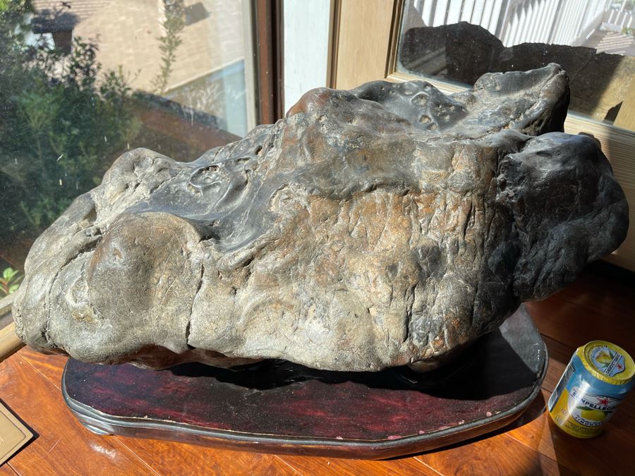 Antique Chinese Gongshi Scholars Rock River Stone With Custom Wooden Stand (Very Heavy) 27W X 15D X 14H [Photo 15]