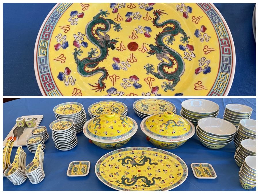 Large Chinese Porcelain China Set With Dragon Design