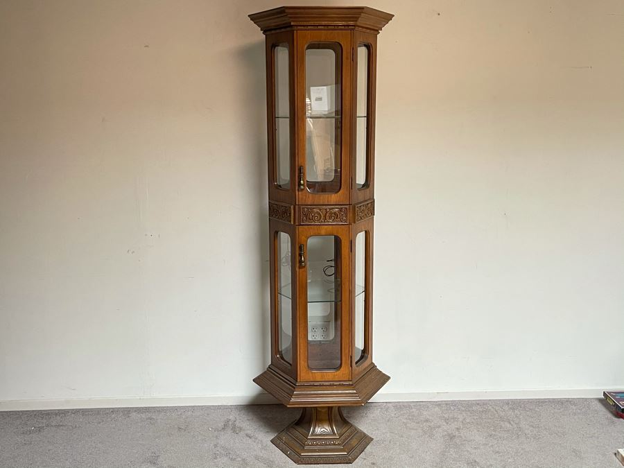 Vintage Wooden Curio Display Cabinet With Overhead Light