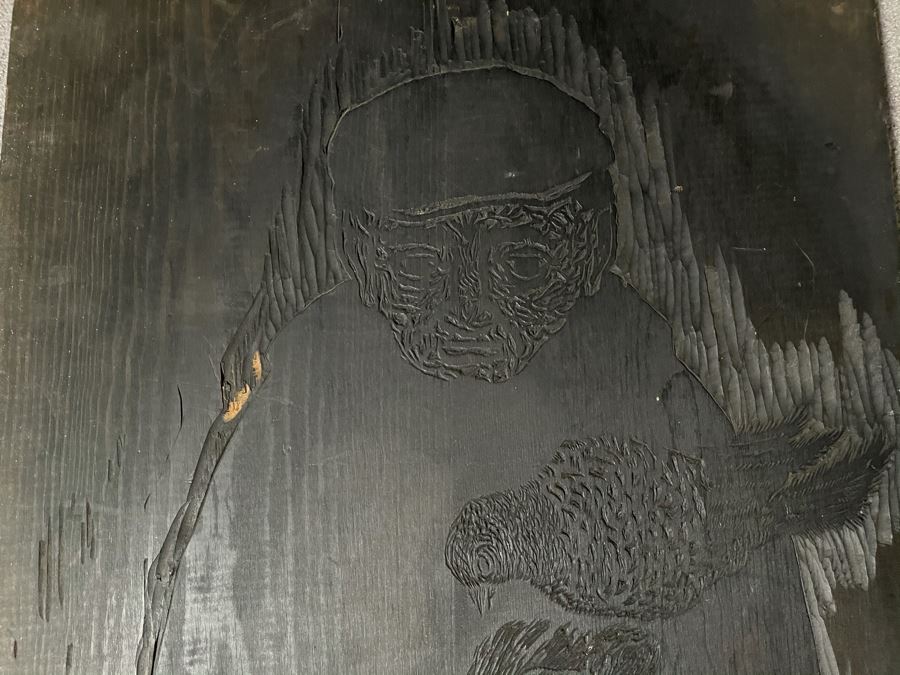 Signed Woodblock Print (On Right) With Original Dual-Sided Woodblock Carved Wooden Panel (On Left) 22 X 19 - See Photos For Other Side Of Carved Wood Panel With Flying Bird [Photo 17]