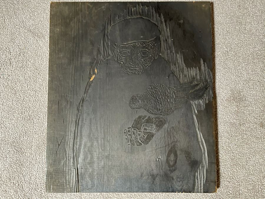 Signed Woodblock Print (On Right) With Original Dual-Sided Woodblock Carved Wooden Panel (On Left) 22 X 19 - See Photos For Other Side Of Carved Wood Panel With Flying Bird [Photo 15]