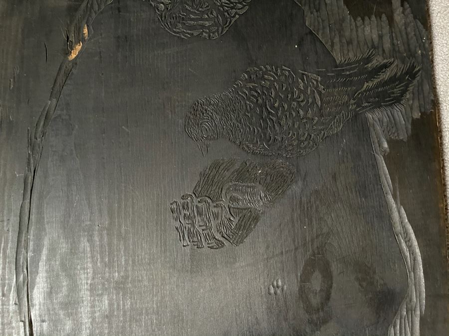 Signed Woodblock Print (On Right) With Original Dual-Sided Woodblock Carved Wooden Panel (On Left) 22 X 19 - See Photos For Other Side Of Carved Wood Panel With Flying Bird [Photo 18]