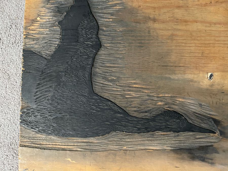 Signed Woodblock Print (On Right) With Original Dual-Sided Woodblock Carved Wooden Panel (On Left) 22 X 19 - See Photos For Other Side Of Carved Wood Panel With Flying Bird [Photo 19]