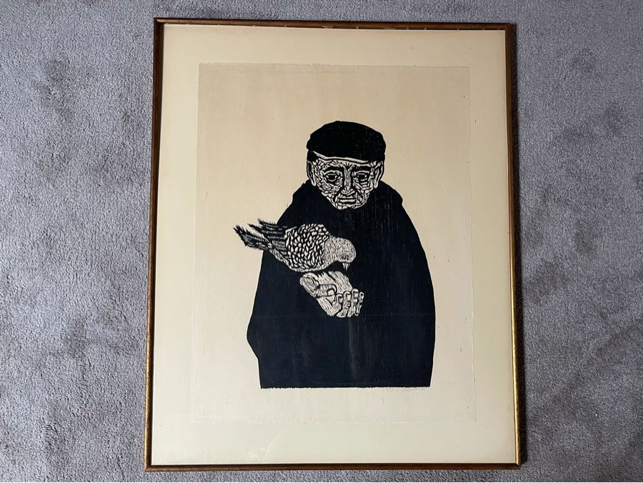 Signed Woodblock Print (On Right) With Original Dual-Sided Woodblock Carved Wooden Panel (On Left) 22 X 19 - See Photos For Other Side Of Carved Wood Panel With Flying Bird [Photo 5]