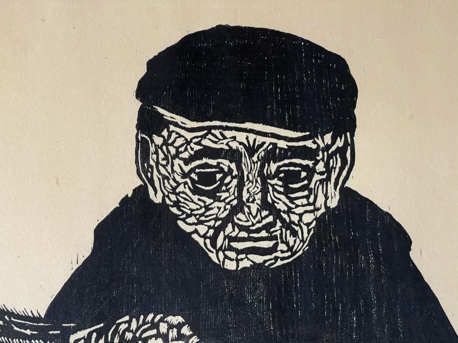 Signed Woodblock Print (On Right) With Original Dual-Sided Woodblock Carved Wooden Panel (On Left) 22 X 19 - See Photos For Other Side Of Carved Wood Panel With Flying Bird [Photo 6]