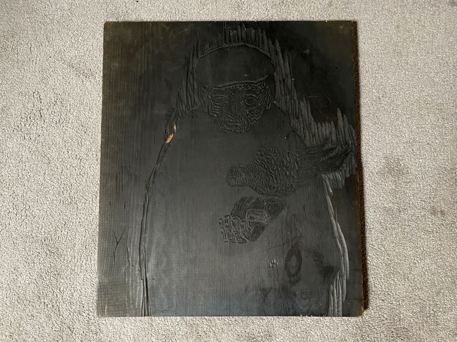 Signed Woodblock Print (On Right) With Original Dual-Sided Woodblock Carved Wooden Panel (On Left) 22 X 19 - See Photos For Other Side Of Carved Wood Panel With Flying Bird [Photo 13]