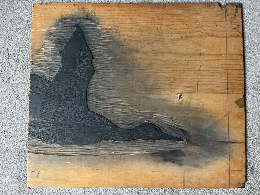 Signed Woodblock Print (On Right) With Original Dual-Sided Woodblock Carved Wooden Panel (On Left) 22 X 19 - See Photos For Other Side Of Carved Wood Panel With Flying Bird [Photo 2]