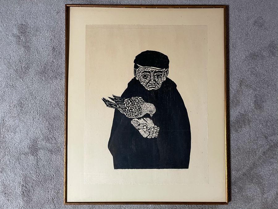 Signed Woodblock Print (On Right) With Original Dual-Sided Woodblock Carved Wooden Panel (On Left) 22 X 19 - See Photos For Other Side Of Carved Wood Panel With Flying Bird [Photo 3]