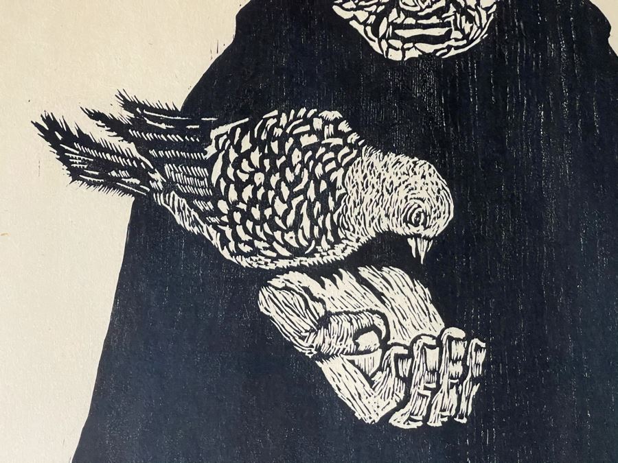 Signed Woodblock Print (On Right) With Original Dual-Sided Woodblock Carved Wooden Panel (On Left) 22 X 19 - See Photos For Other Side Of Carved Wood Panel With Flying Bird [Photo 7]