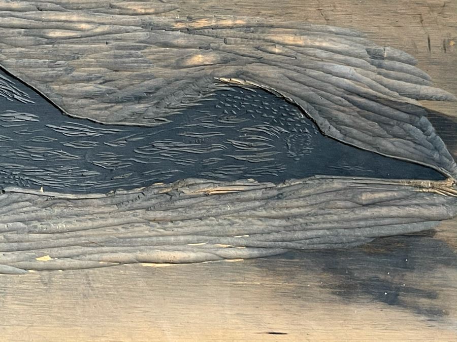 Signed Woodblock Print (On Right) With Original Dual-Sided Woodblock Carved Wooden Panel (On Left) 22 X 19 - See Photos For Other Side Of Carved Wood Panel With Flying Bird [Photo 20]