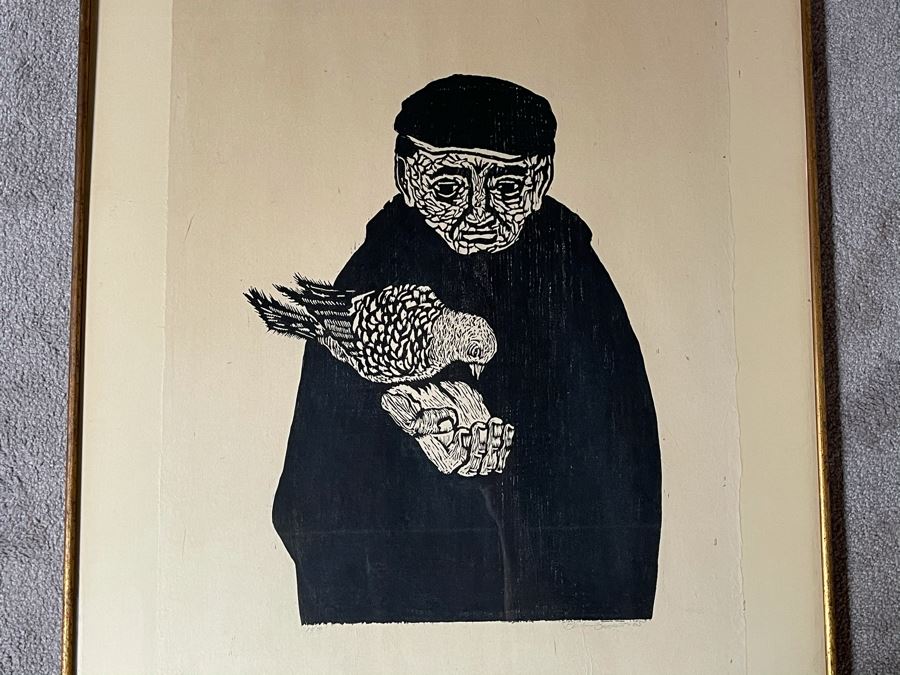 Signed Woodblock Print (On Right) With Original Dual-Sided Woodblock Carved Wooden Panel (On Left) 22 X 19 - See Photos For Other Side Of Carved Wood Panel With Flying Bird [Photo 4]