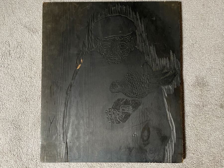 Signed Woodblock Print (On Right) With Original Dual-Sided Woodblock Carved Wooden Panel (On Left) 22 X 19 - See Photos For Other Side Of Carved Wood Panel With Flying Bird [Photo 14]