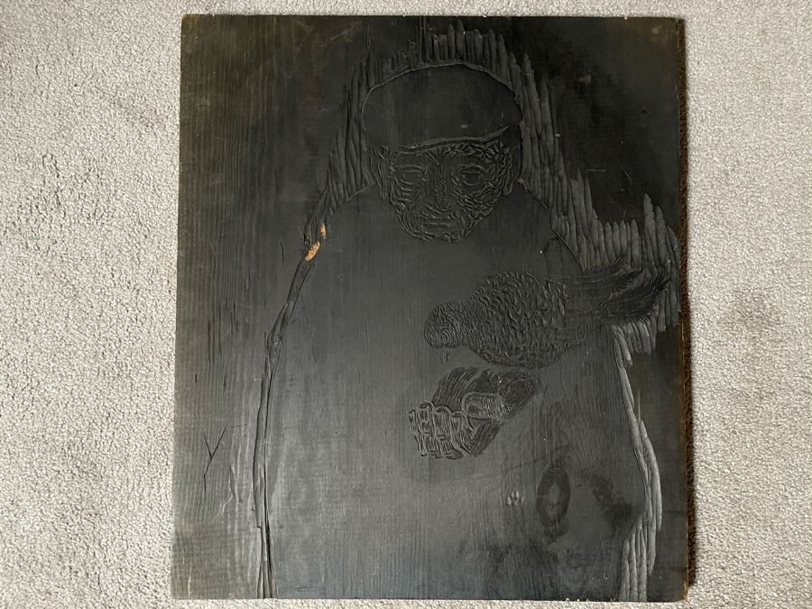 Signed Woodblock Print (On Right) With Original Dual-Sided Woodblock Carved Wooden Panel (On Left) 22 X 19 - See Photos For Other Side Of Carved Wood Panel With Flying Bird [Photo 16]