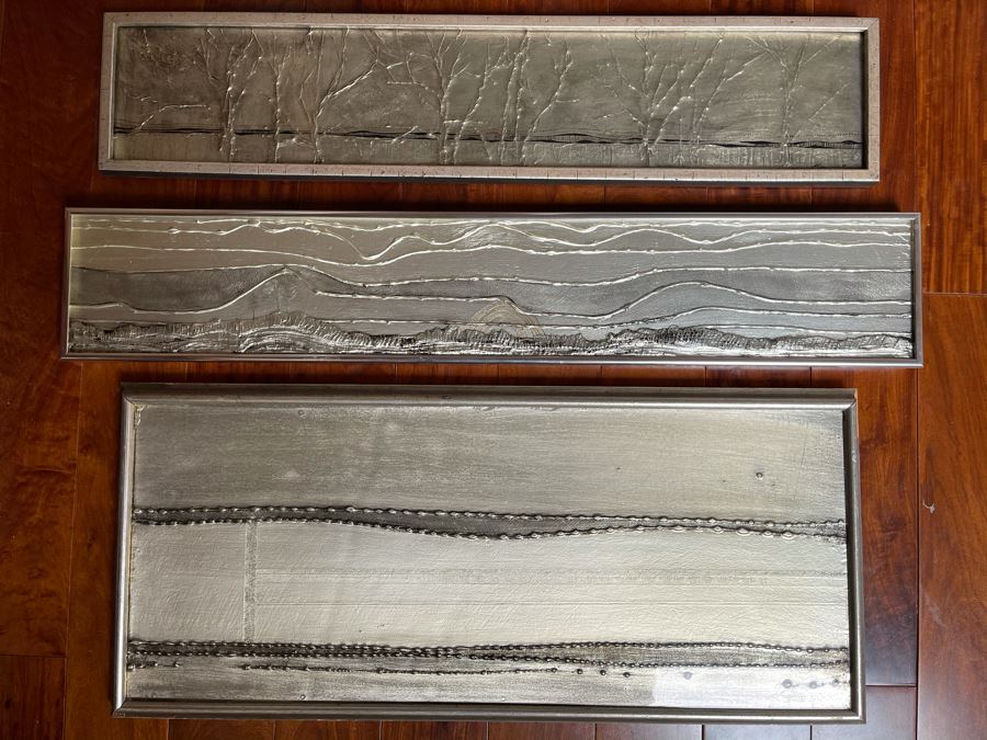Vintage 1977 Original Triptych Silver And Black Landscape Artwork Signed Ching Largest Frame Is 29'W [Photo 2]