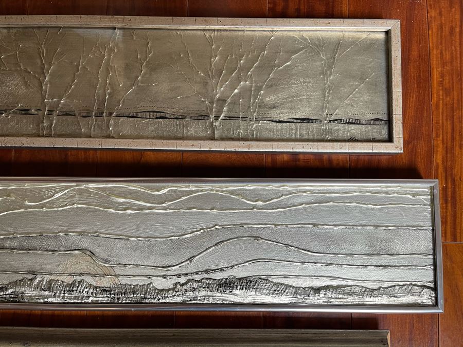 Vintage 1977 Original Triptych Silver And Black Landscape Artwork Signed Ching Largest Frame Is 29'W [Photo 4]
