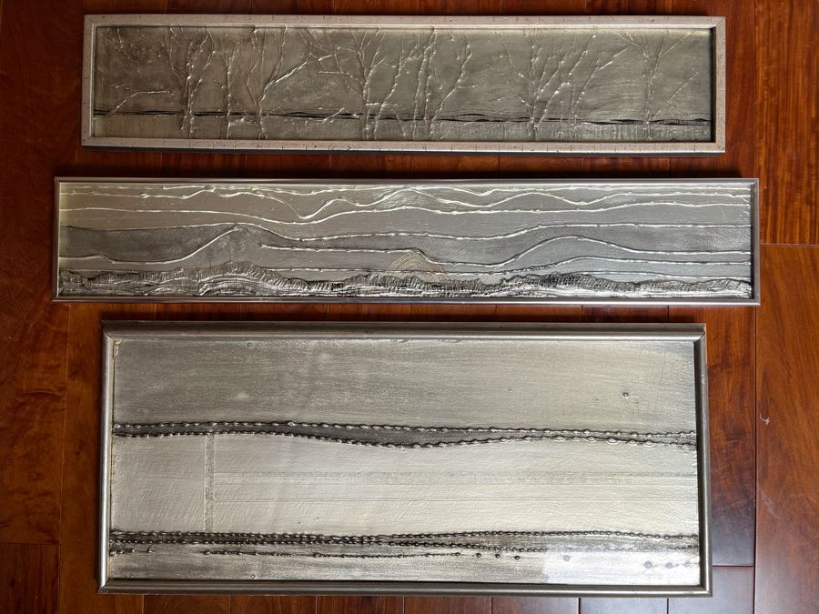 Vintage 1977 Original Triptych Silver And Black Landscape Artwork Signed Ching Largest Frame Is 29'W [Photo 1]