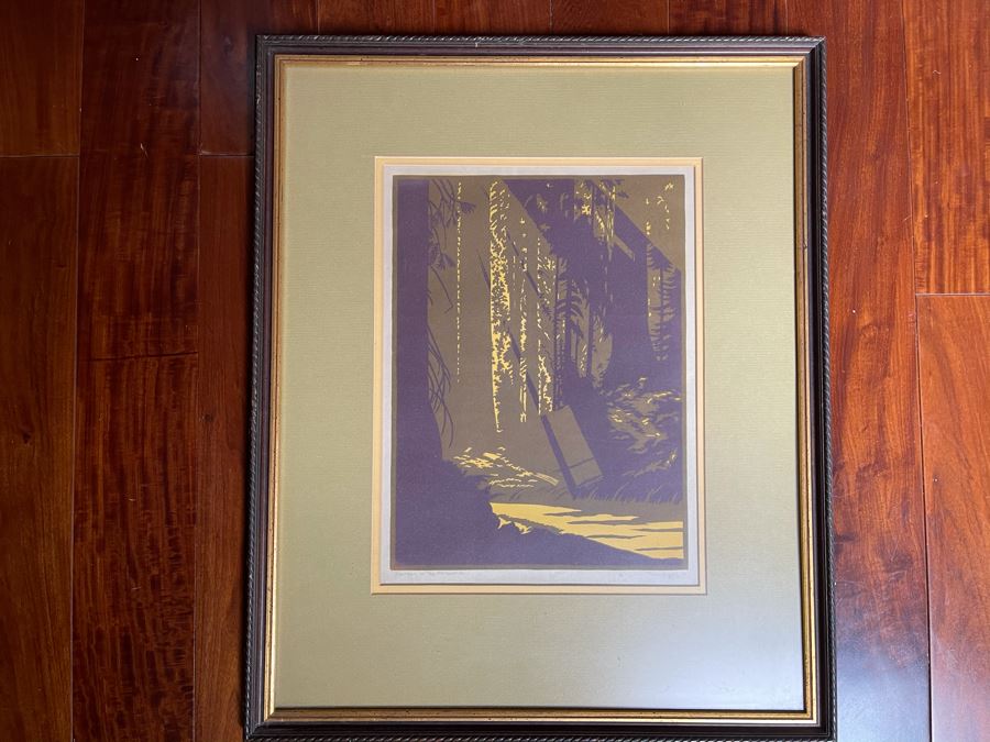 Frank Geritz (1895-1945) Hand Signed Woodblock Print Titled 'Sunrays In The Redwoods' Signed And Dated 1936 - 9 X 13 [Photo 3]