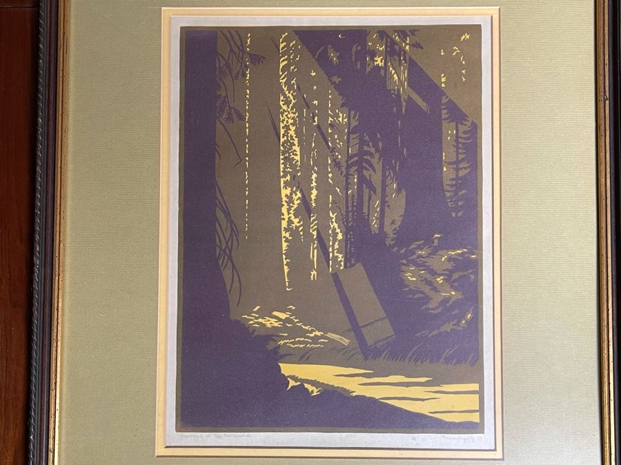 Frank Geritz (1895-1945) Hand Signed Woodblock Print Titled 'Sunrays In The Redwoods' Signed And Dated 1936 - 9 X 13