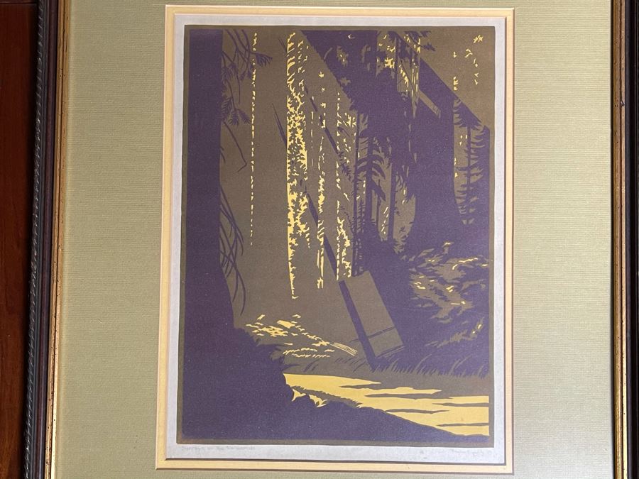 Frank Geritz (1895-1945) Hand Signed Woodblock Print Titled 'Sunrays In The Redwoods' Signed And Dated 1936 - 9 X 13 [Photo 2]