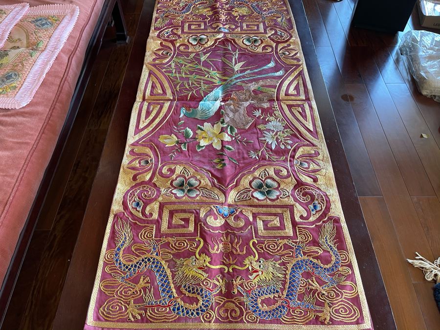 Chinese Embroidery Table Runner Featuring Dragons And Peacock 43 X 18 [Photo 6]